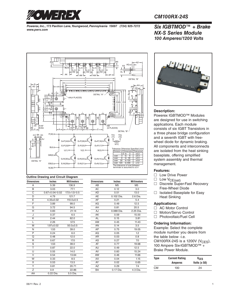 Six igbtmod™ + brake nx-s series module, Features: £ low drive power £ low v, 100 ampere six-igbtmod™ + brake power module | Ce(sat) | C&H Technology CM100RX-24S User Manual | Page 2 / 10