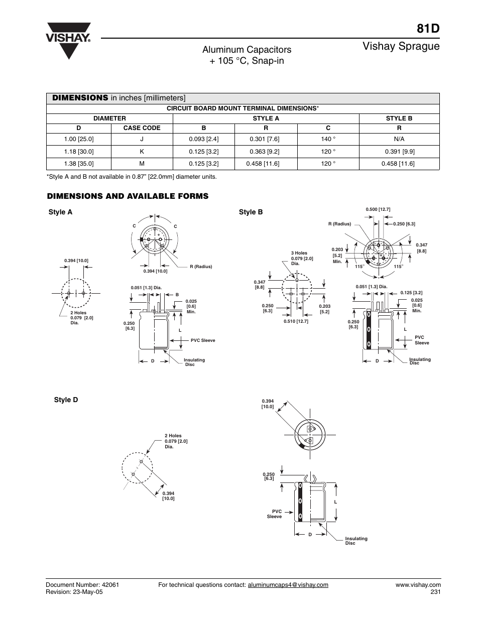 Vishay sprague, Aluminum capacitors + 105 °c, snap-in, Dimensions in inches [millimeters | Dimensions and available forms, Style a, Style d style b | C&H Technology 81D User Manual | Page 3 / 5