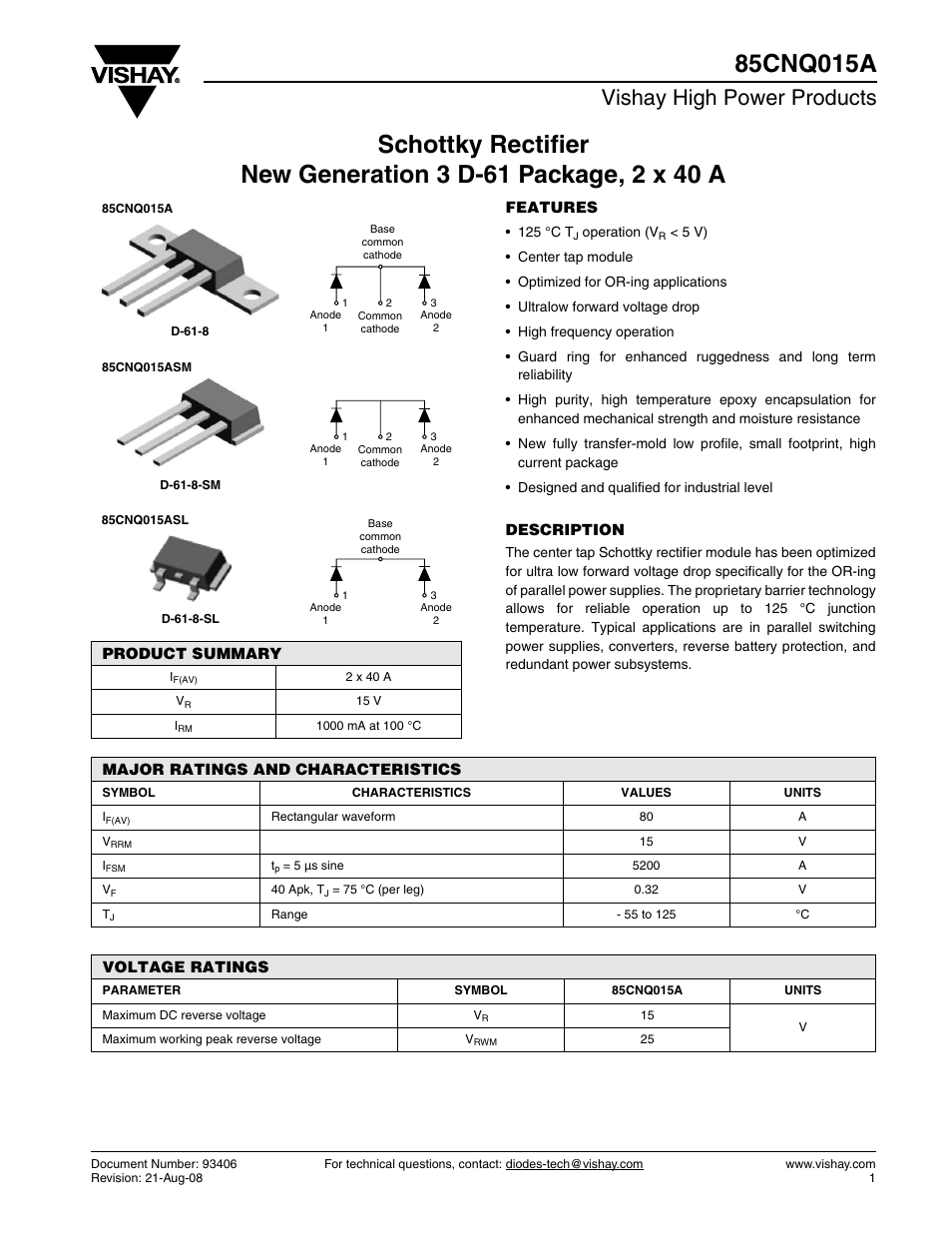 Datasheet, Vishay high power products | C&H Technology 85CNQ015A User Manual | Page 2 / 7