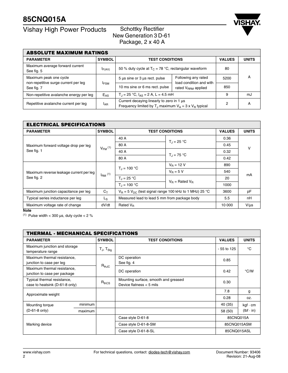 Vishay high power products | C&H Technology 85CNQ015A User Manual | Page 3 / 7