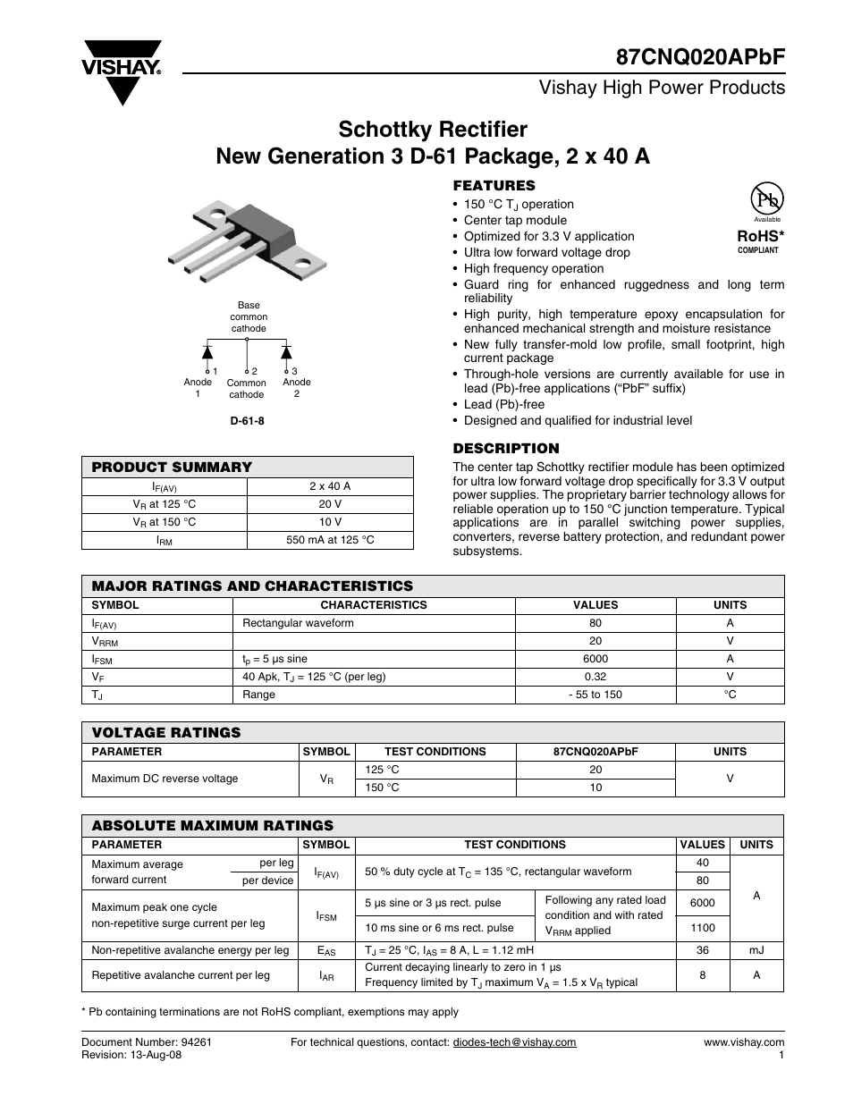 Datasheet, Vishay high power products, Rohs | C&H Technology 87CNQ020APbF User Manual | Page 2 / 7