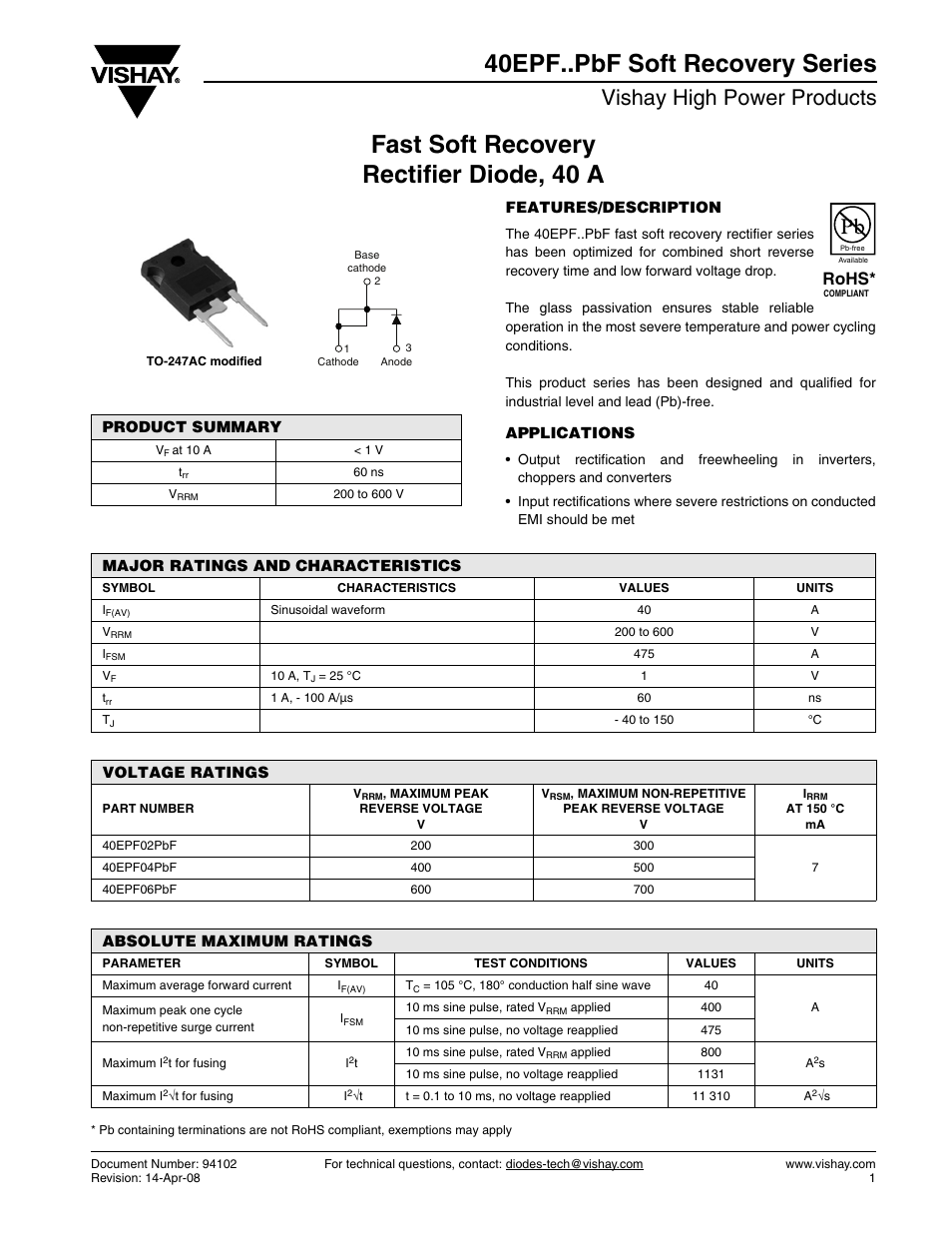 Vishay 40EPF..PbF Soft Recovery Series User Manual | 6 pages