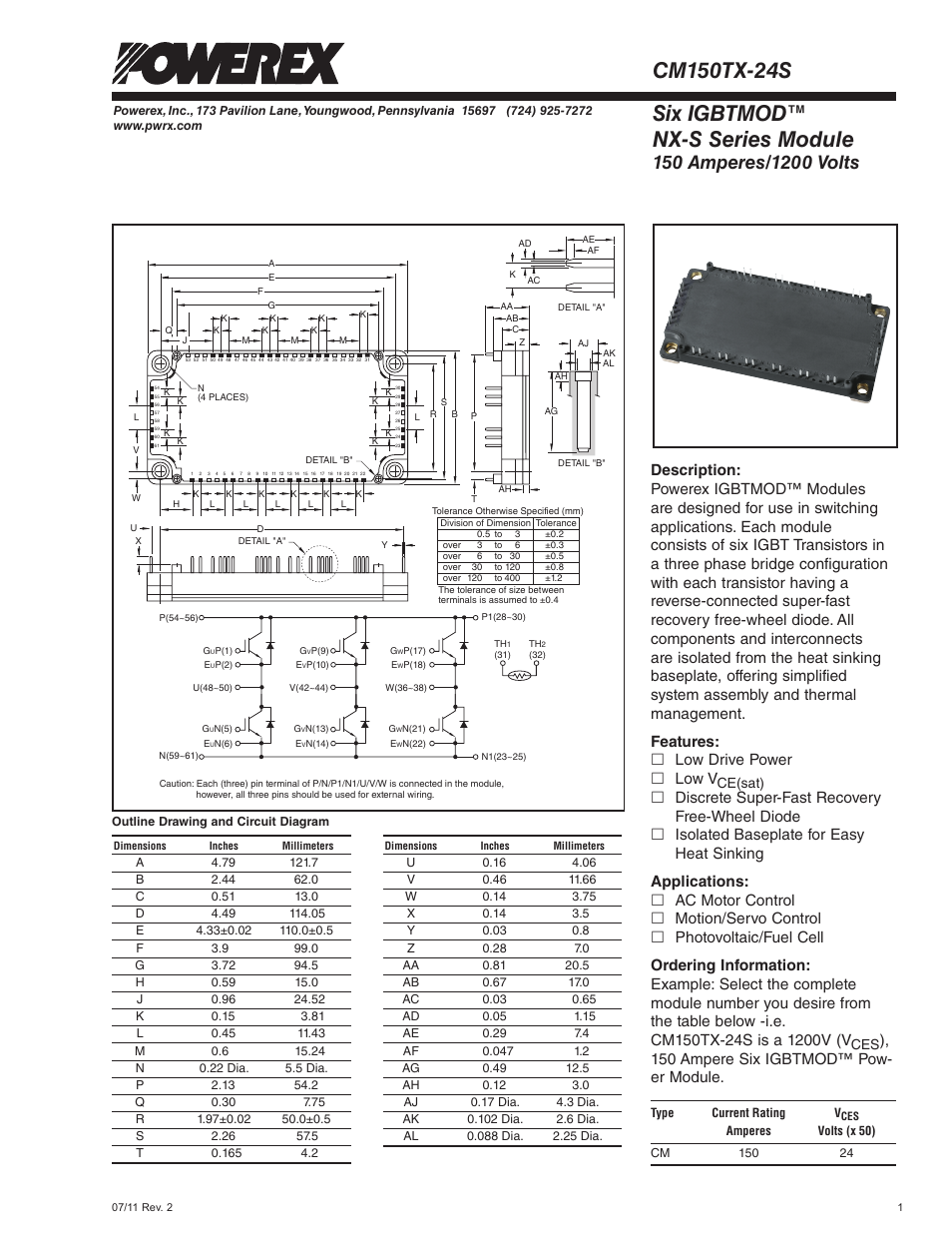 Six igbtmod™ nx-s series module, Features: £ low drive power £ low v, 150 ampere six igbtmod™ pow- er module | Ce(sat) | C&H Technology CM150TX-24S User Manual | Page 2 / 6