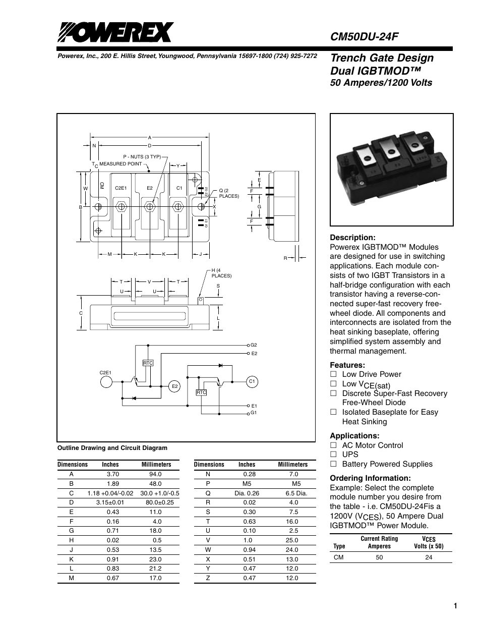 Trench gate design dual igbtmod, Cm50du-24f | C&H Technology CM50DU-24F User Manual | Page 2 / 5