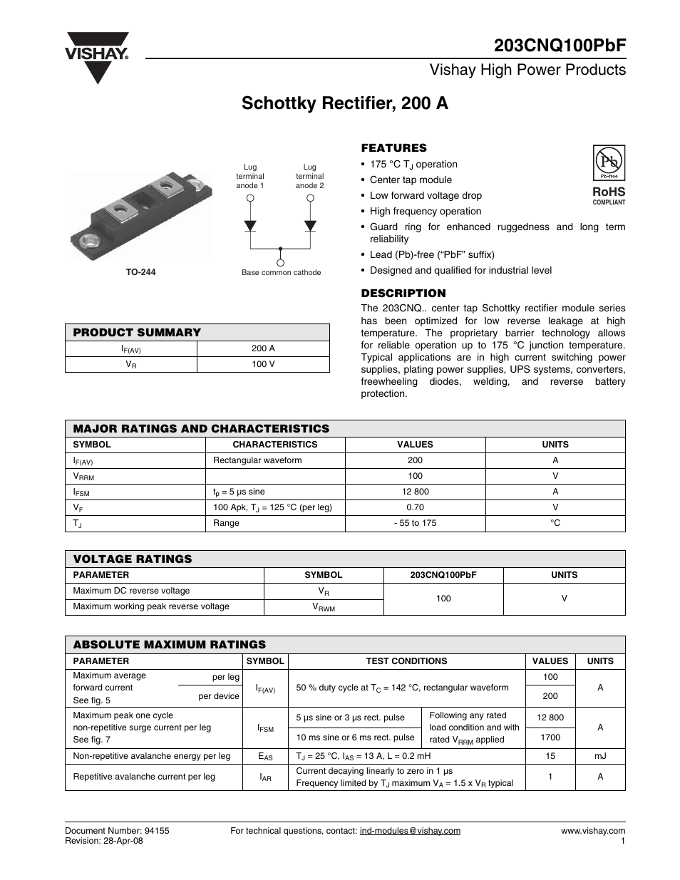 Datasheet, Vishay high power products, Rohs | C&H Technology 203CNQ100PbF User Manual | Page 2 / 7