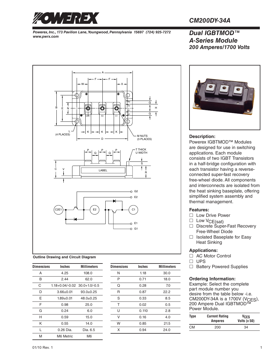 Dual igbtmod™ a-series module | C&H Technology CM200DY-34A User Manual | Page 2 / 5