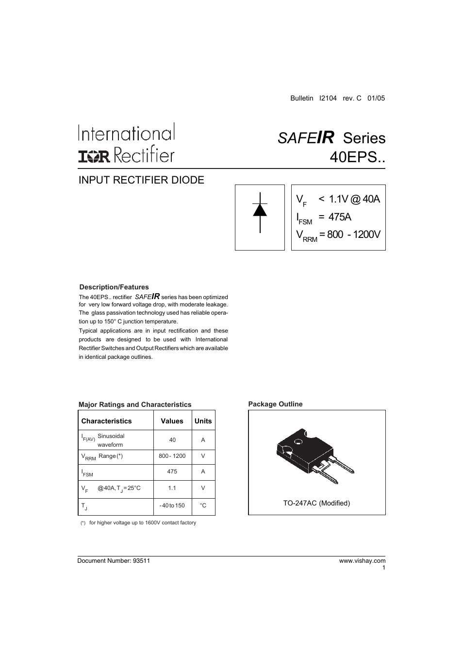 Safe, Series 40eps, Input rectifier diode | 1v @ 40a i, 475a v | C&H Technology 40EPS.. SAFEIR Series User Manual | Page 2 / 6