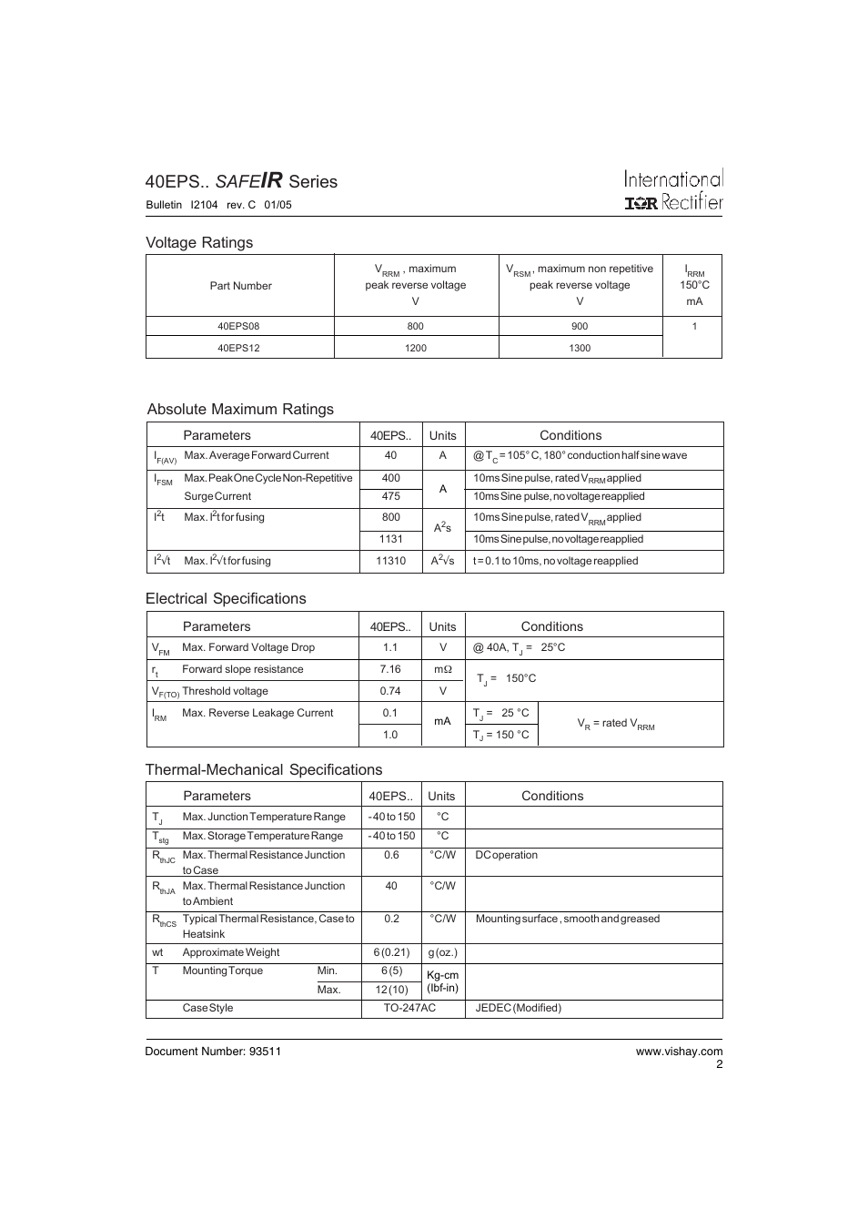 40eps.. safe, Series, Thermal-mechanical specifications | Voltage ratings, Electrical specifications, Absolute maximum ratings | C&H Technology 40EPS.. SAFEIR Series User Manual | Page 3 / 6