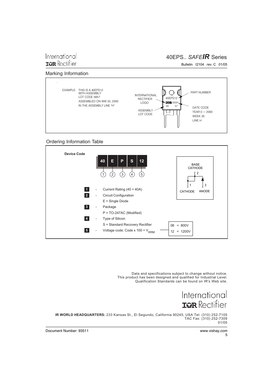 40eps.. safe, Series, Ordering information table | Marking information | C&H Technology 40EPS.. SAFEIR Series User Manual | Page 6 / 6