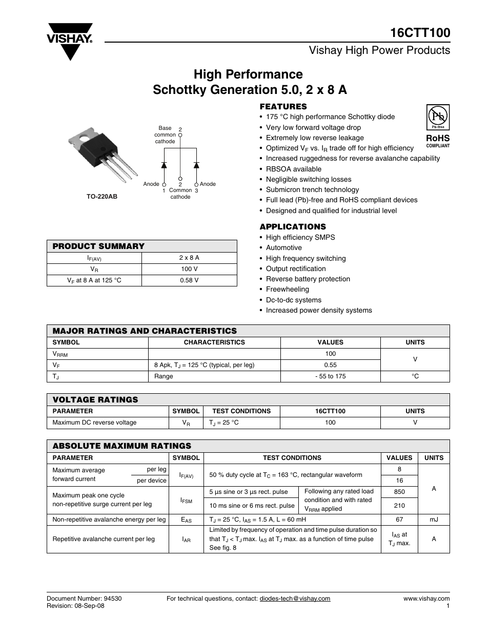 Datasheet, Vishay high power products, Rohs | C&H Technology 16CTT100 User Manual | Page 2 / 8