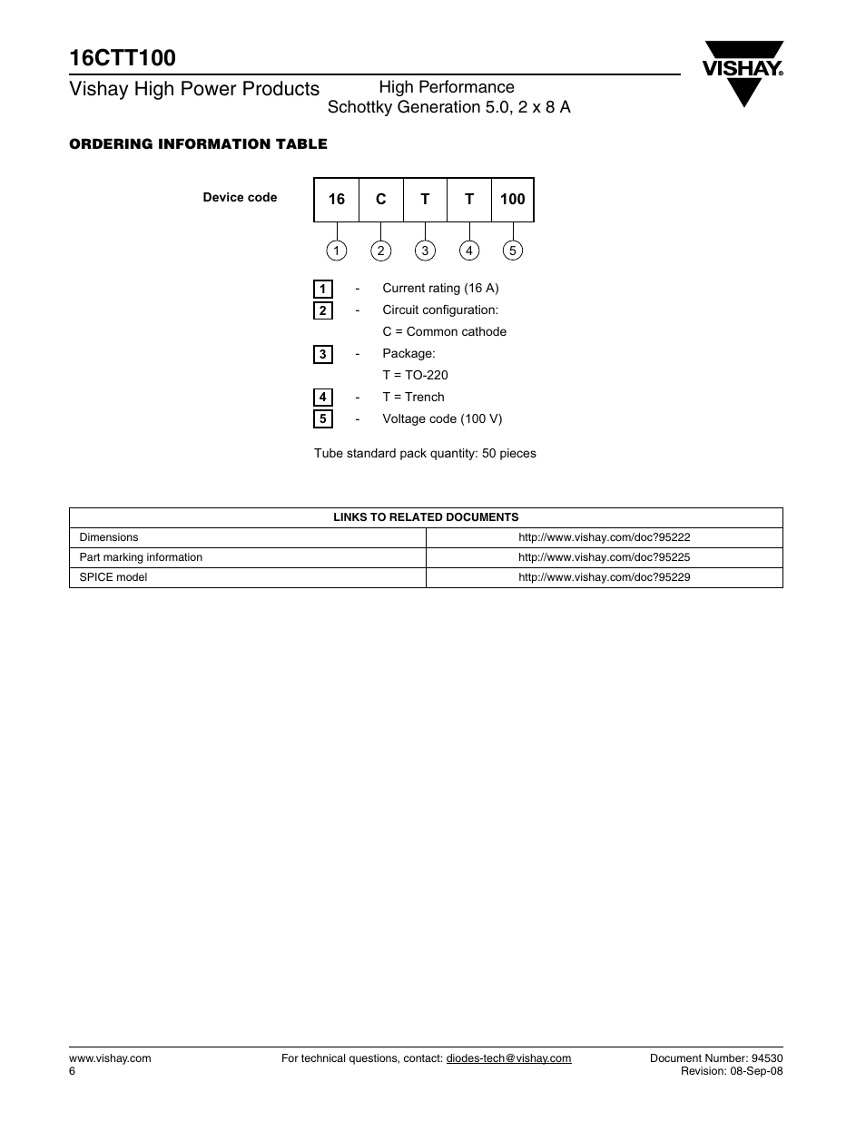 Vishay high power products, High performance schottky generation 5.0, 2 x 8 a | C&H Technology 16CTT100 User Manual | Page 7 / 8