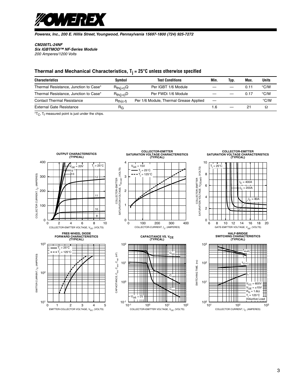 Thermal and mechanical characteristics, t, 25°c unless otherwise speciﬁed | C&H Technology CM200TL-24NF User Manual | Page 4 / 5