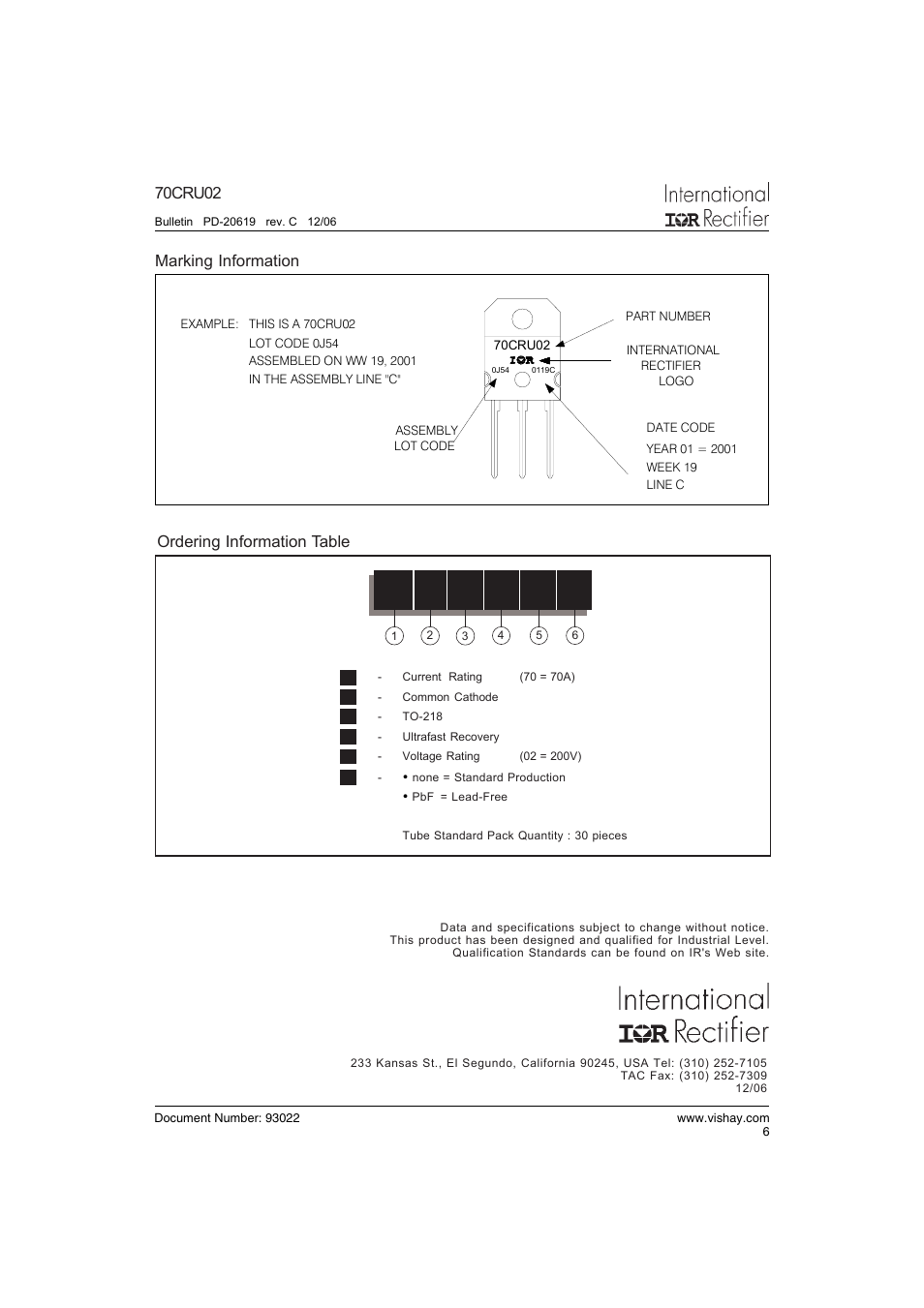 70cru02, Marking information, Ordering information table | Vishay 70CRU02 User Manual | Page 6 / 7