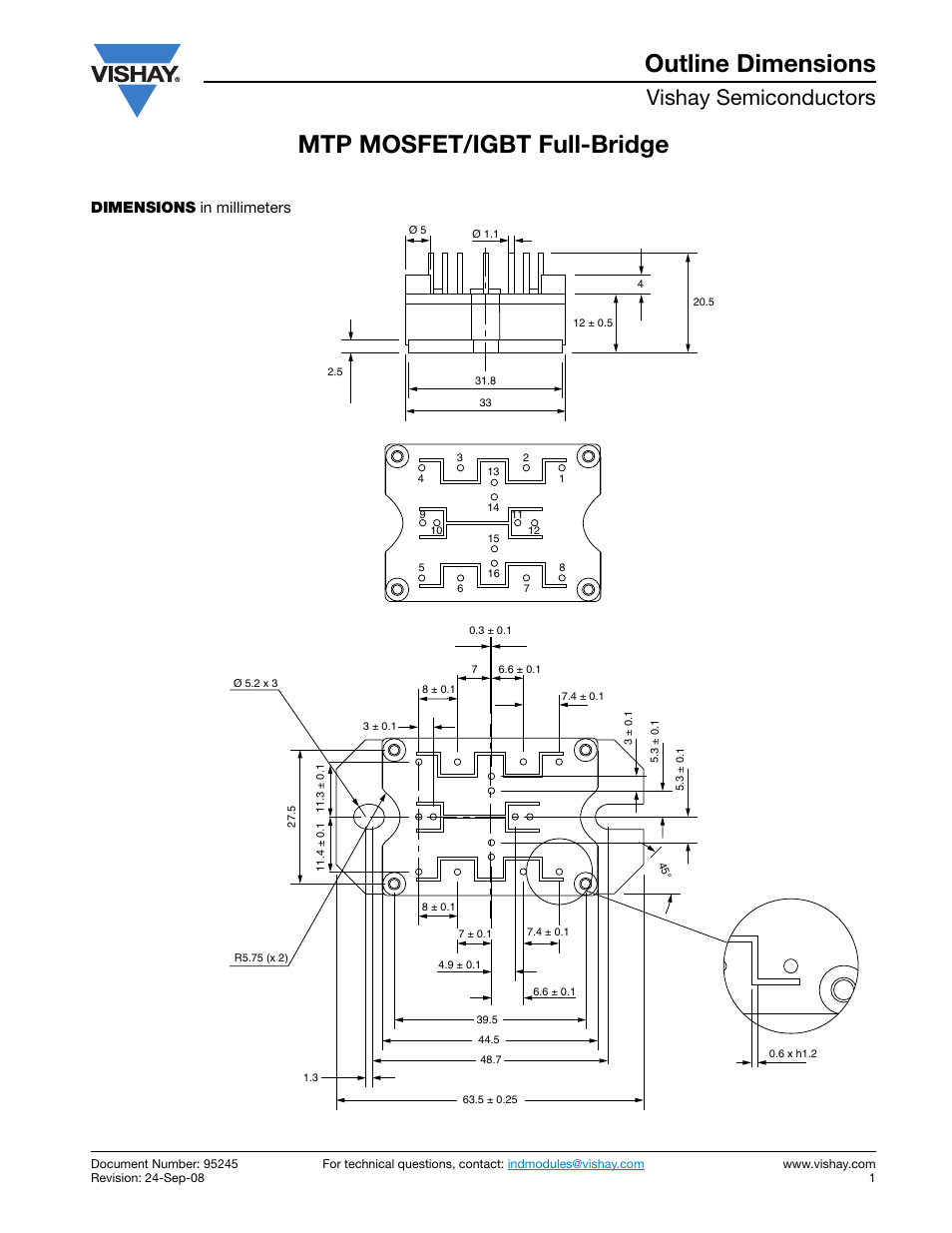 Mtp mosfet/igbt full-bridge outline dimensions, Vishay semiconductors, Dimensions in millimeters | C&H Technology 20MT120UFP User Manual | Page 11 / 12