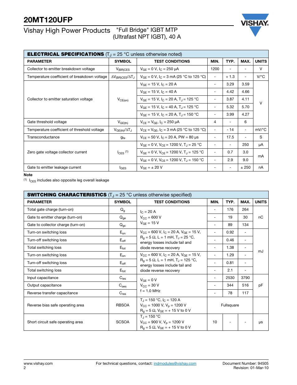 Vishay high power products, Full bridge" igbt mtp (ultrafast npt igbt), 40 a, Electrical specifications (t | Switching characteristics (t, 25 °c unless otherwise specified) | C&H Technology 20MT120UFP User Manual | Page 3 / 12