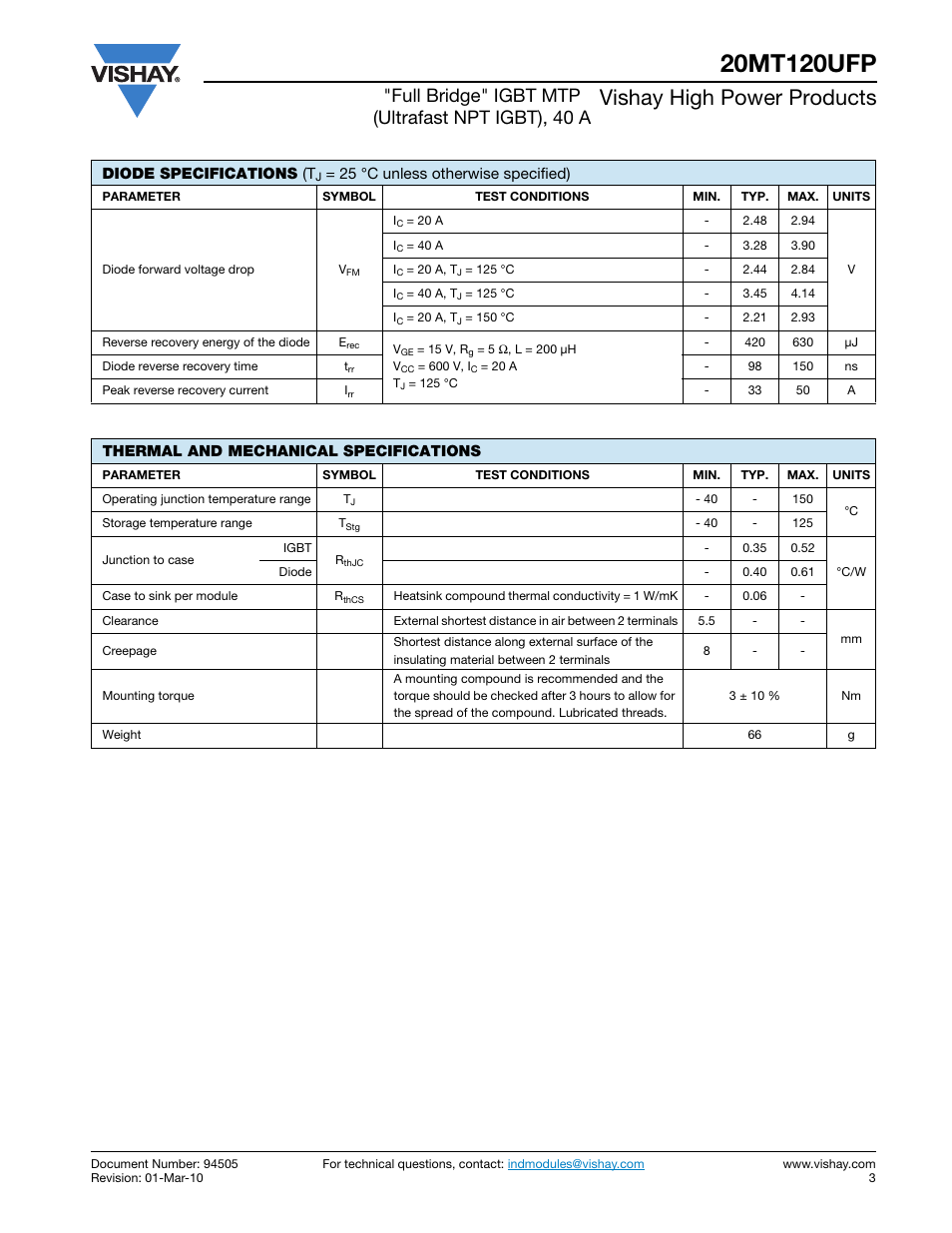 Vishay high power products, Full bridge" igbt mtp (ultrafast npt igbt), 40 a | C&H Technology 20MT120UFP User Manual | Page 4 / 12