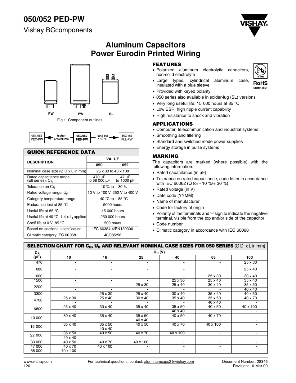 Datasheet, Aluminum capacitors power eurodin printed wiring, Vishay bccomponents | Rohs | C&H Technology 052 PED-PW User Manual | Page 2 / 12