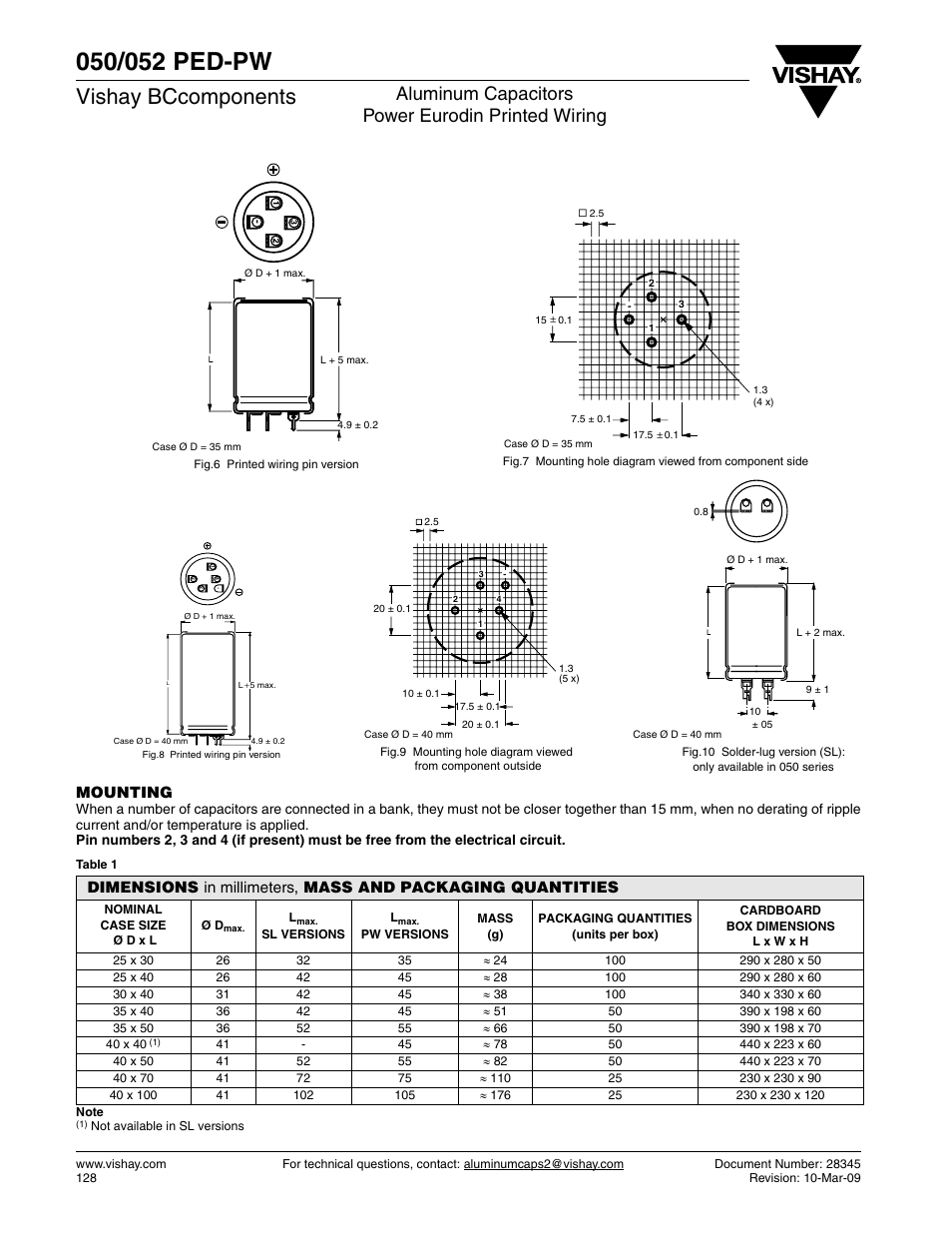 Vishay bccomponents, Aluminum capacitors power eurodin printed wiring, Mounting | C&H Technology 052 PED-PW User Manual | Page 4 / 12