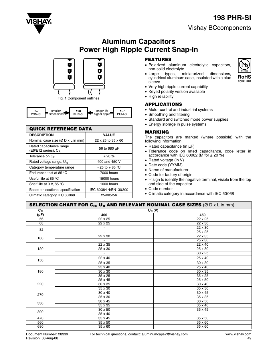Datasheet, Vishay bccomponents, Rohs | C&H Technology 198 PHR-SI User Manual | Page 2 / 8