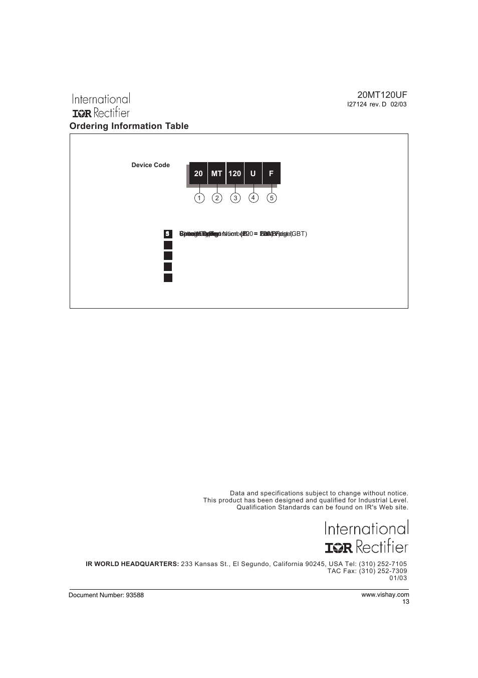 Ordering information table | C&H Technology 20MT120UF User Manual | Page 14 / 15