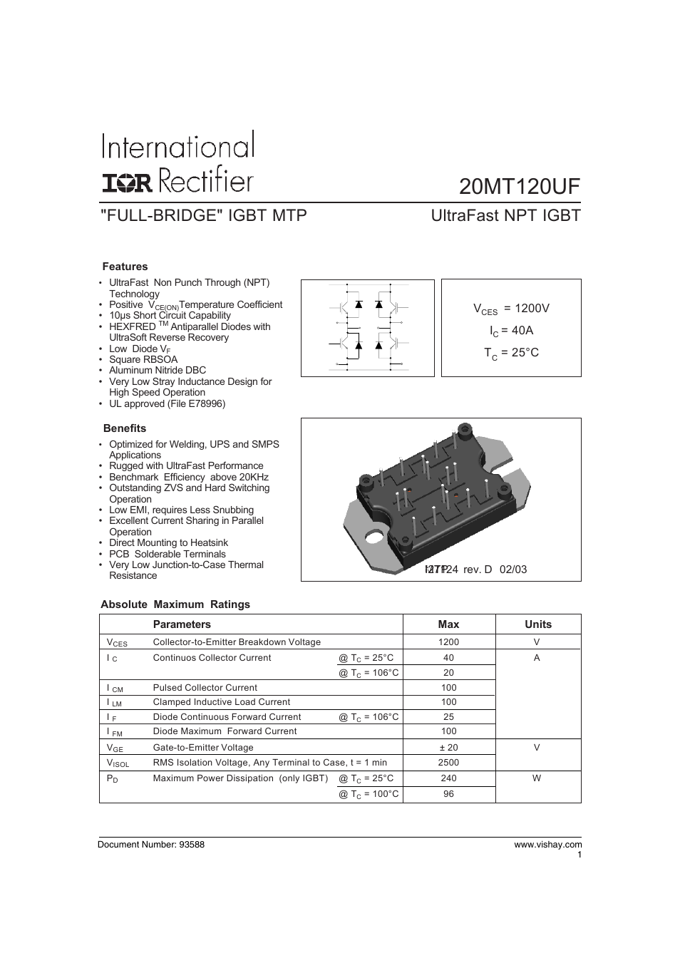 Datasheet, Full-bridge" igbt mtp, Ultrafast npt igbt | C&H Technology 20MT120UF User Manual | Page 2 / 15