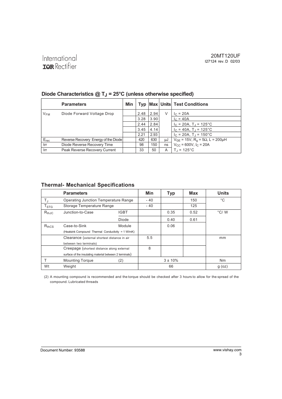 Thermal- mechanical specifications, Diode characteristics @ t, 25°c (unless otherwise specified) | C&H Technology 20MT120UF User Manual | Page 4 / 15