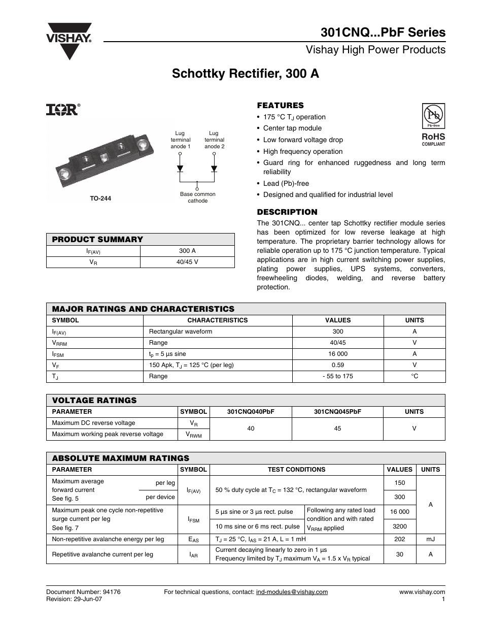Vishay high power products, Rohs | C&H Technology 301CNQ...PbF Series User Manual | Page 2 / 6