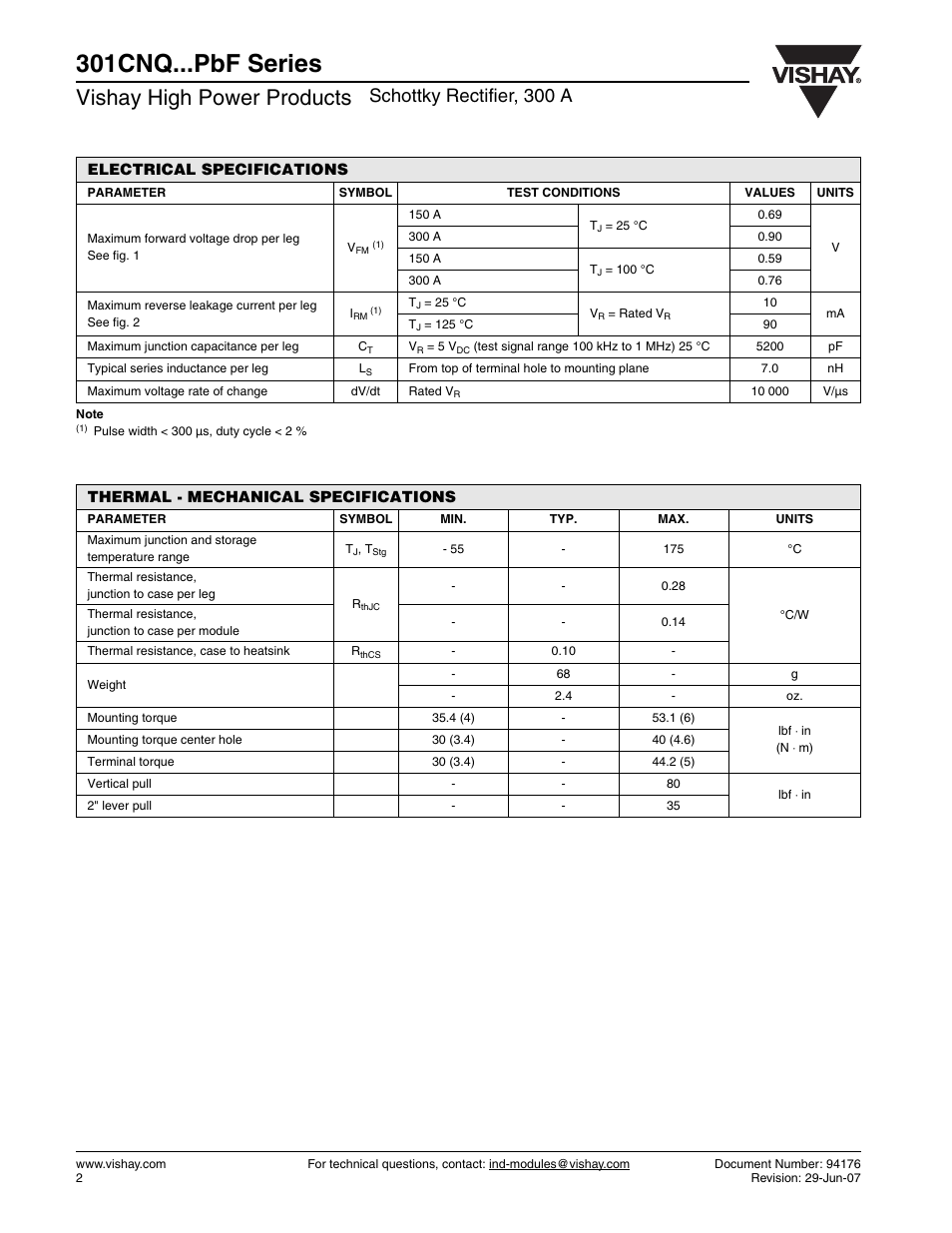 301cnq...pbf series, Vishay high power products, Schottky rectifier, 300 a | C&H Technology 301CNQ...PbF Series User Manual | Page 3 / 6