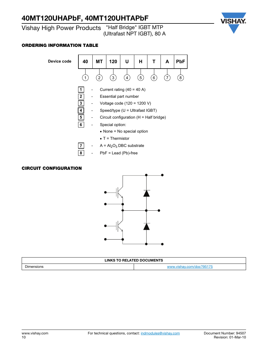Vishay high power products, Half bridge" igbt mtp (ultrafast npt igbt), 80 a | C&H Technology 40MT120UHTAPbF User Manual | Page 11 / 13