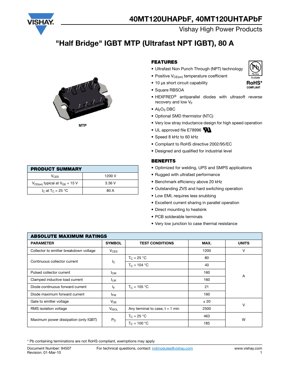 Vishay high power products | C&H Technology 40MT120UHTAPbF User Manual | Page 2 / 13