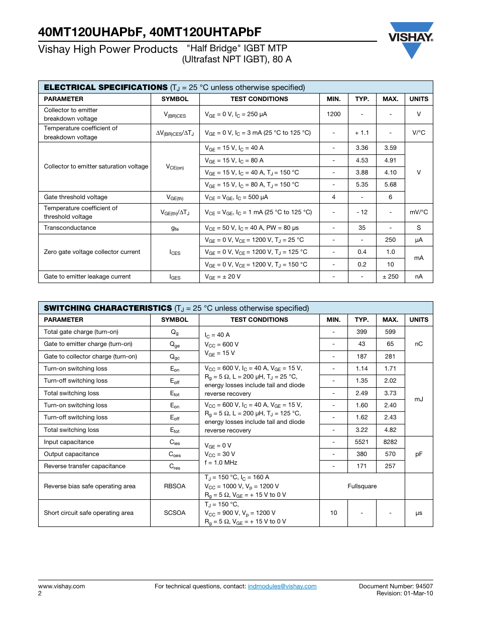 Vishay high power products, Half bridge" igbt mtp (ultrafast npt igbt), 80 a, Electrical specifications (t | 25 °c unless otherwise specified), Switching characteristics (t | C&H Technology 40MT120UHTAPbF User Manual | Page 3 / 13