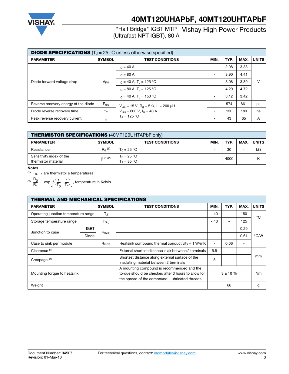 Vishay high power products, Half bridge" igbt mtp (ultrafast npt igbt), 80 a | C&H Technology 40MT120UHTAPbF User Manual | Page 4 / 13