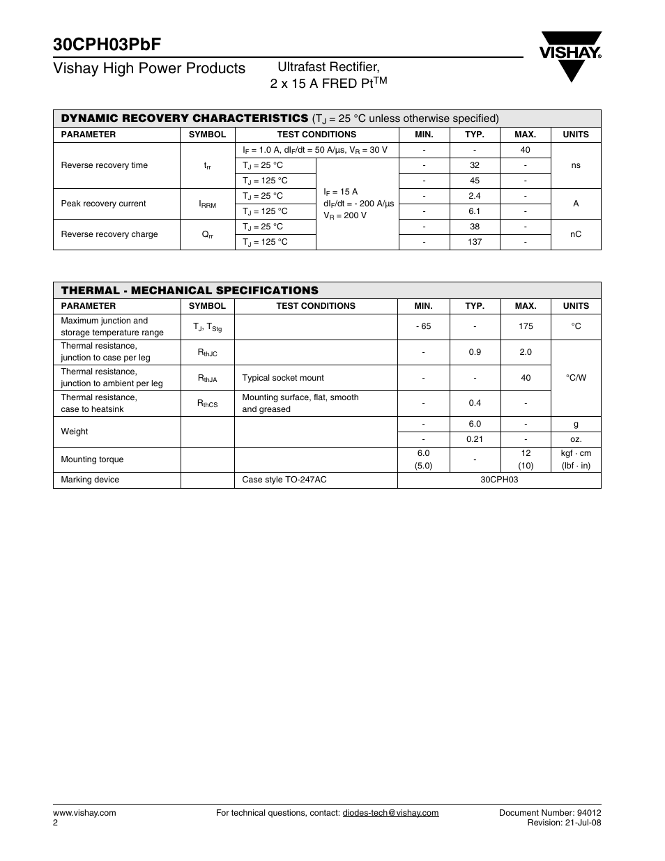 30cph03pbf, Vishay high power products, Ultrafast rectifier, 2 x 15 a fred pt | Vishay 30CPH03PbF User Manual | Page 2 / 7