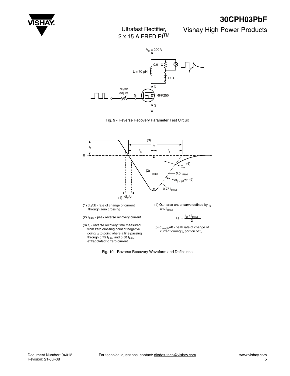 30cph03pbf, Vishay high power products, Ultrafast rectifier, 2 x 15 a fred pt | Vishay 30CPH03PbF User Manual | Page 5 / 7