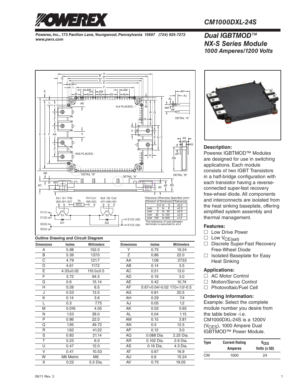 Dual igbtmod™ nx-s series module, Features: £ low drive power £ low v, 1000 ampere dual igbtmod™ power module | Ce(sat) | C&H Technology CM1000DXL-24S User Manual | Page 2 / 7