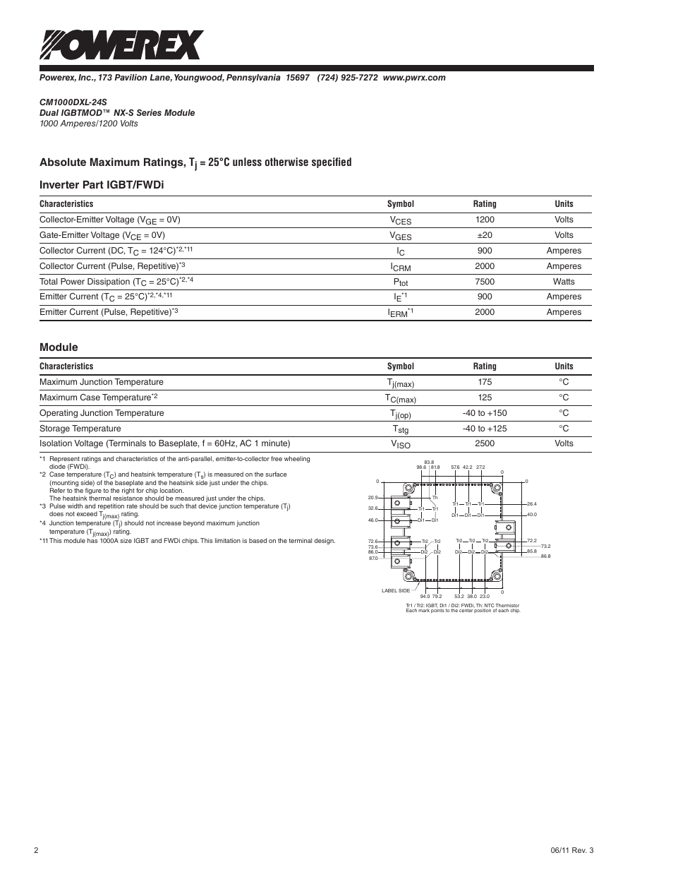 Absolute maximum ratings, t, Module | C&H Technology CM1000DXL-24S User Manual | Page 3 / 7