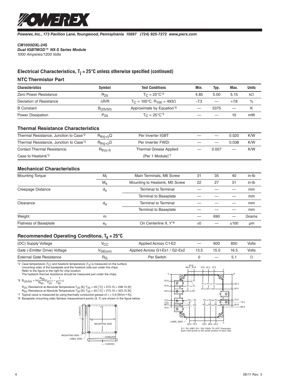 Electrical characteristics, t, Thermal resistance characteristics, Mechanical characteristics | Recommended operating conditons, t, 25°c | C&H Technology CM1000DXL-24S User Manual | Page 5 / 7