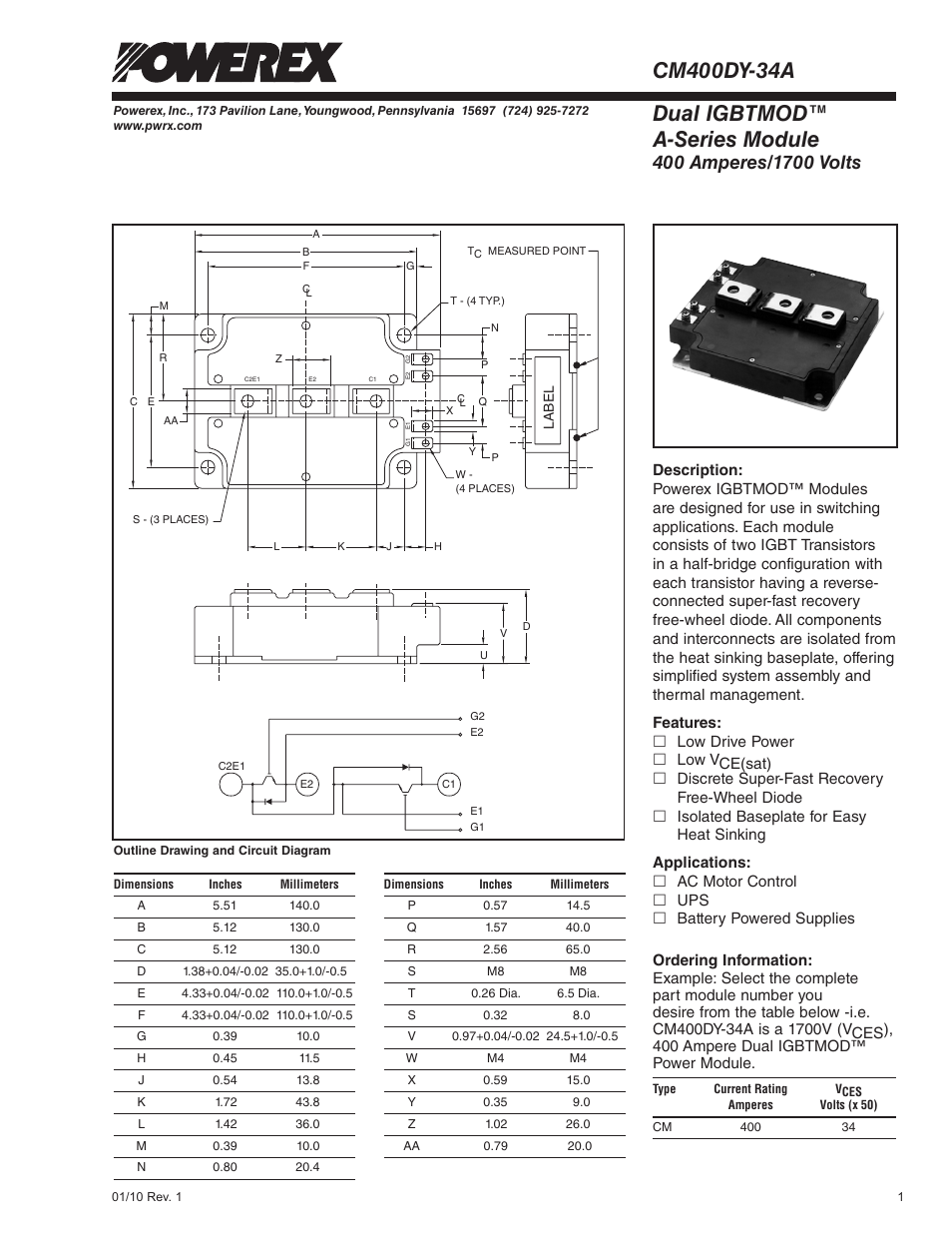 Dual igbtmod™ a-series module | C&H Technology CM400DY-34A User Manual | Page 2 / 5