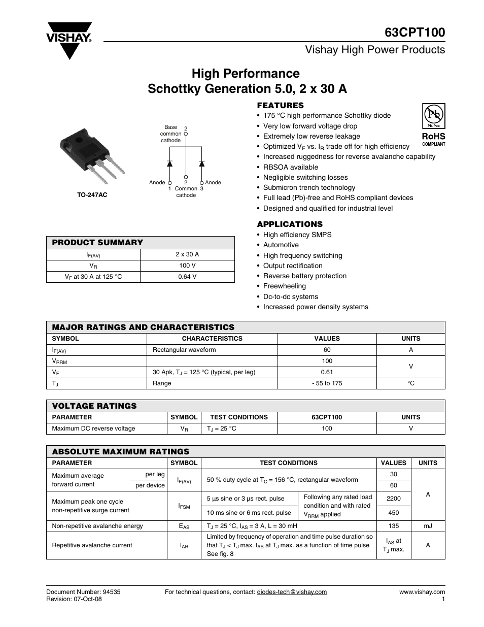 Datasheet, Vishay high power products | C&H Technology 63CPT100 User Manual | Page 2 / 8