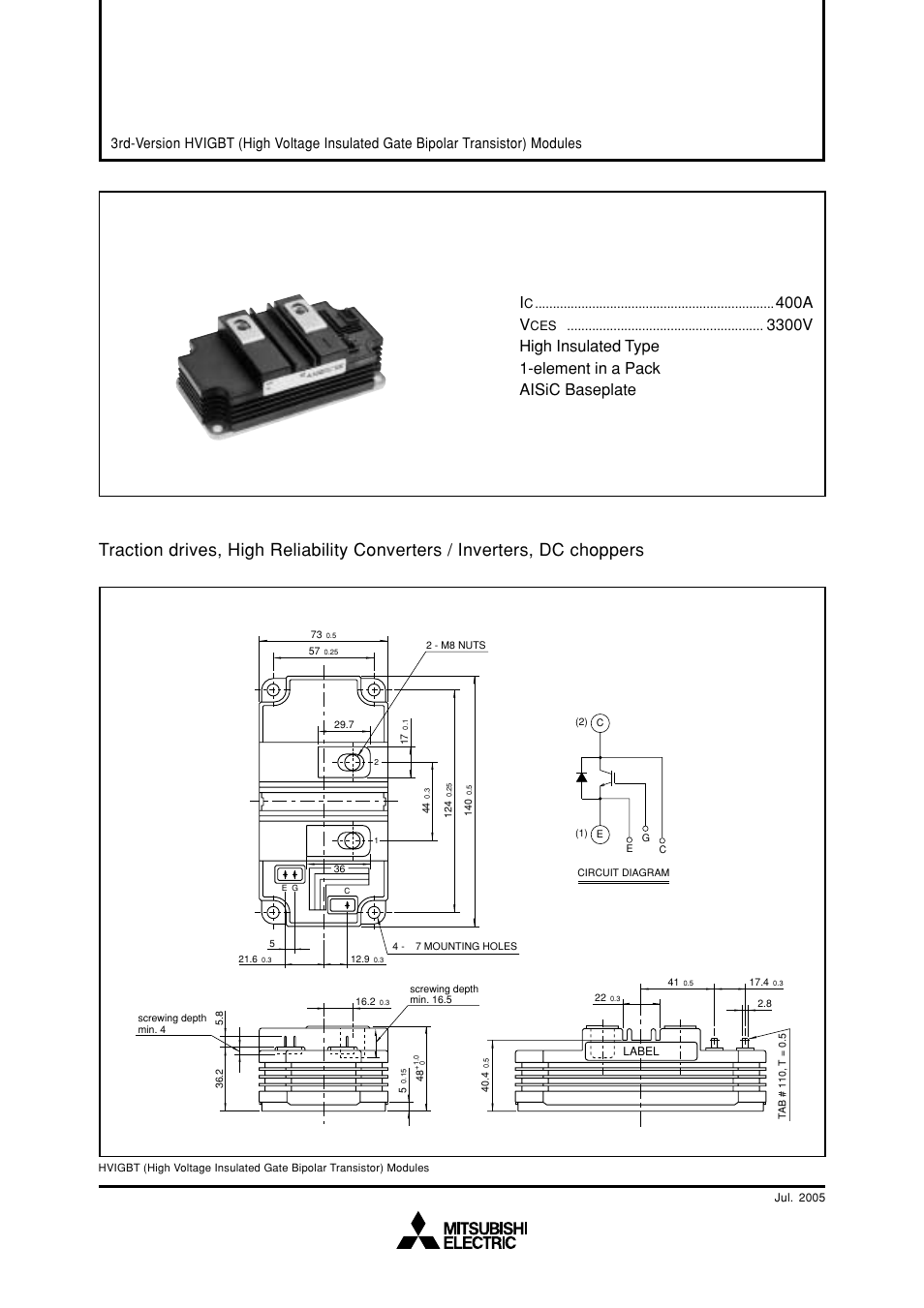 400a ● v, Mitsubishi hvigbt modules, High power switching use insulated type | C&H Technology CM400HG-66H User Manual | Page 2 / 8