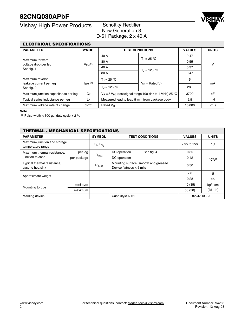 Vishay high power products | C&H Technology 82CNQ030APbF User Manual | Page 3 / 7