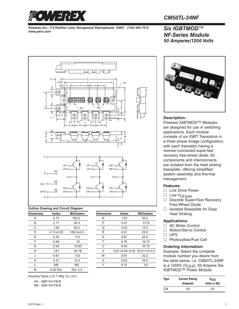 Six igbtmod™ nf-series module, Cm50tl-24nf, Features: £ low drive power £ low v | 50 ampere six- igbtmod™ power module | C&H Technology CM50TL-24NF User Manual | Page 2 / 5