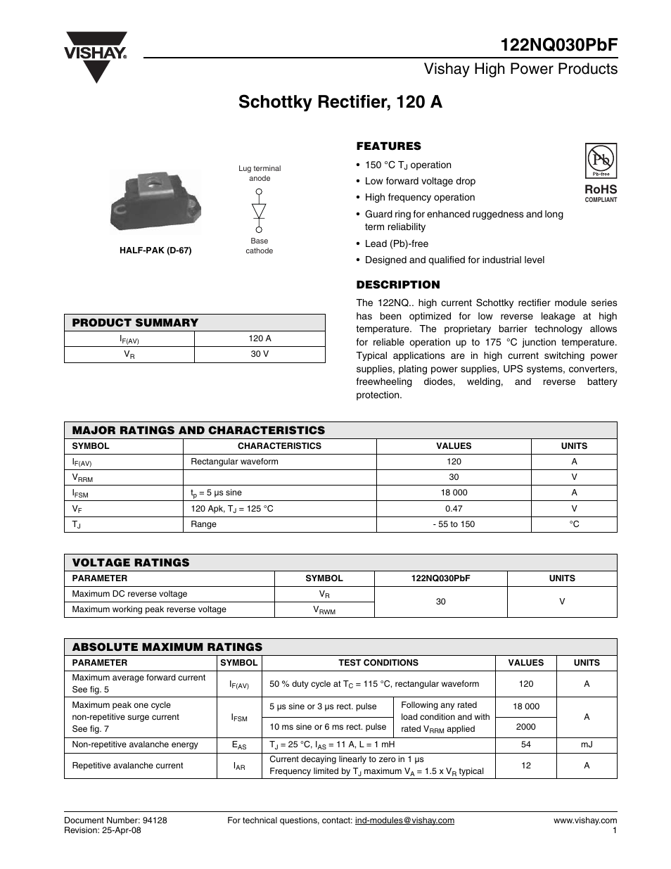 Datasheet, Vishay high power products, Rohs | C&H Technology 122NQ030PbF User Manual | Page 2 / 7