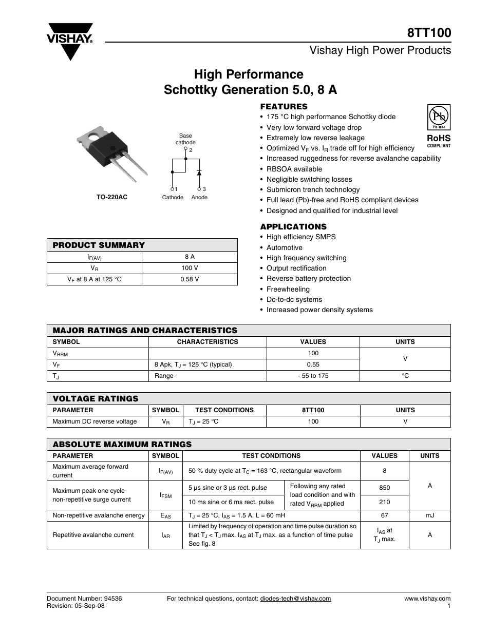 Datasheet, Vishay high power products, Rohs | C&H Technology 8TT100 User Manual | Page 2 / 8