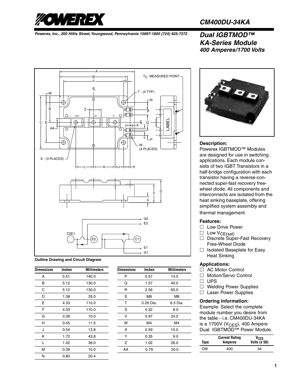 Dual igbtmod™ ka-series module | C&H Technology CM400DU-34KA User Manual | Page 2 / 5