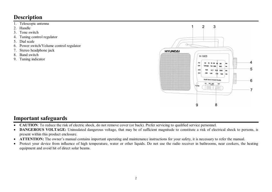 Description, Important safeguards | Hyundai H-1603 User Manual | Page 2 / 7