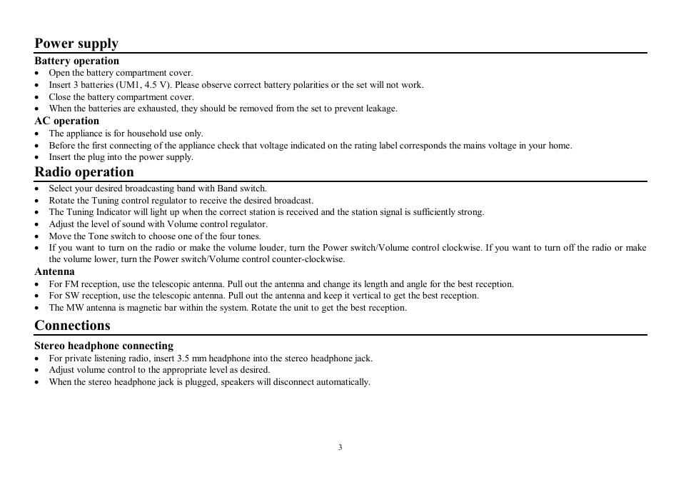 Power supply, Radio operation, Connections | Hyundai H-1603 User Manual | Page 3 / 7
