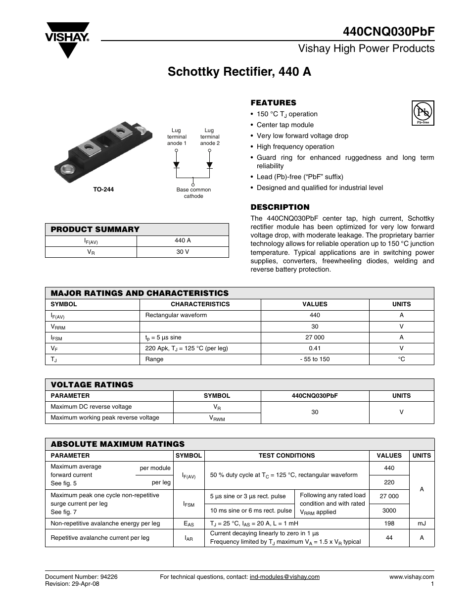 Datasheet, Vishay high power products | C&H Technology 440CNQ030PbF User Manual | Page 2 / 7