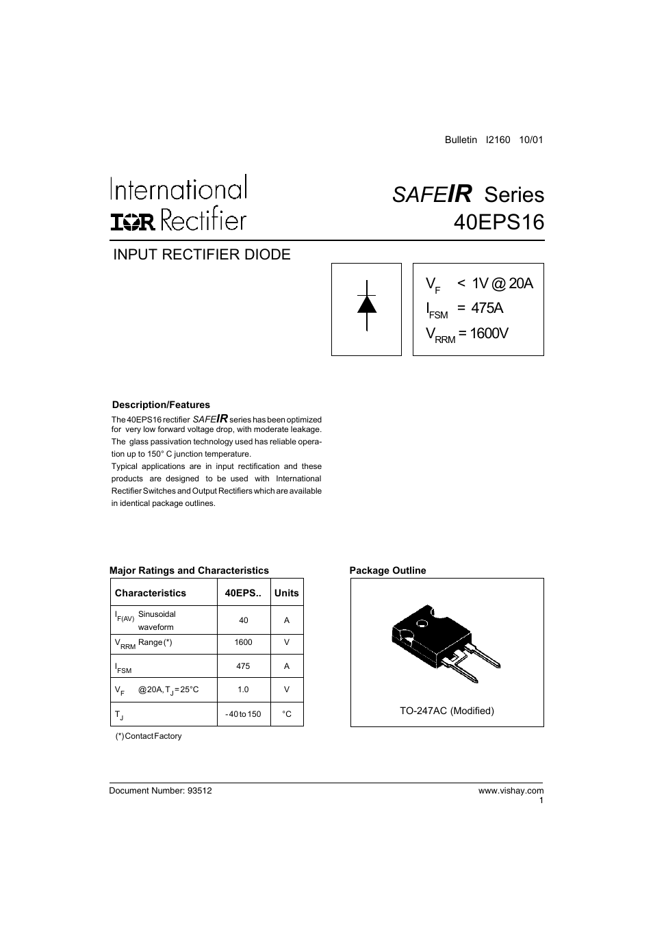 Safe, Series 40eps16, Input rectifier diode | 1v @ 20a i, 475a v, 1600v | C&H Technology 40EPS16 SAFEIR Series User Manual | Page 2 / 6