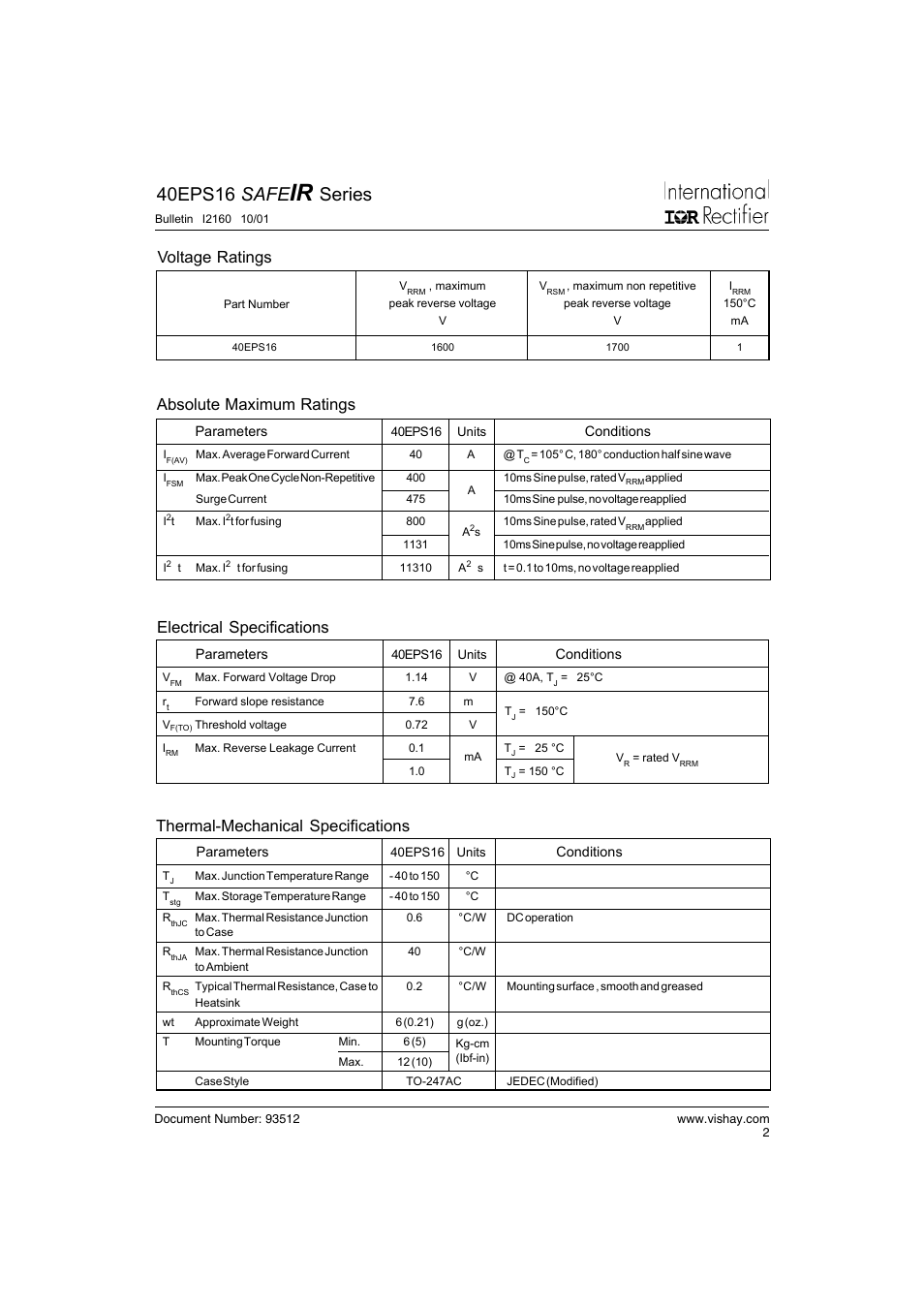 40eps16 safe, Series, Thermal-mechanical specifications | Voltage ratings, Electrical specifications, Absolute maximum ratings | C&H Technology 40EPS16 SAFEIR Series User Manual | Page 3 / 6